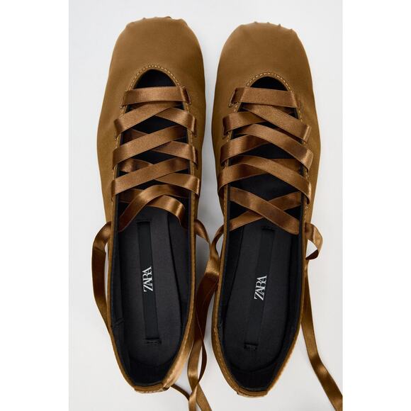 ZARA Lace Up Ballet Flats NWT Ochre Brown Satin Effect Size 7.5 - Picture 15 of 16
